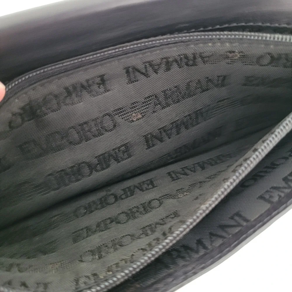 Emporio Armani Black Leather Long Bifold Wallet Embossed Eagle Logo Italy